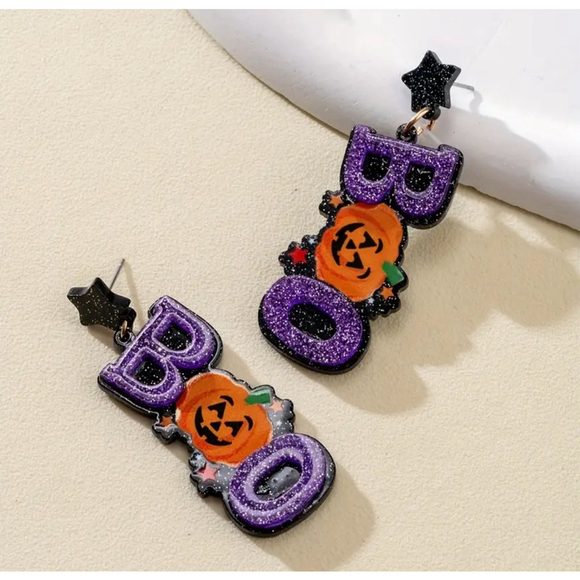 Boo Acrylic Pumpkin Star Stud Back Dangle Earrings - Picture 1 of 4